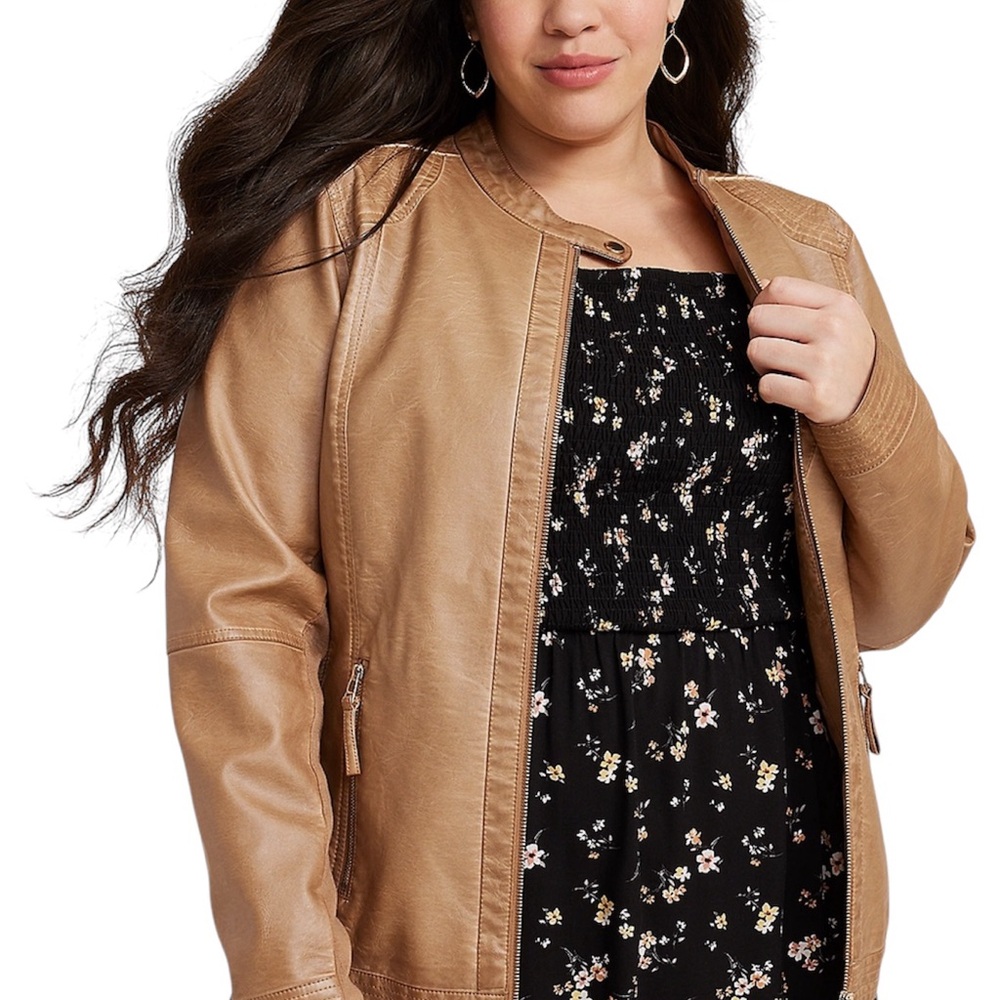 Maurices Full Zip Faux Leather Jacket Size 3X Long Sleeve Ribbed Panel Moto Bike